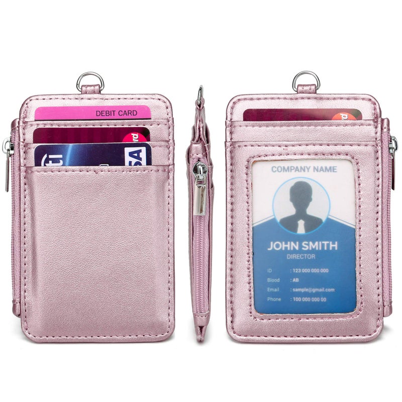 Leamekor ID Badge Holder with Neck Lanyard PU Leather ID Badge Wallet Case with 1 ID Window, 4 Card Slots, 1 Side Zipper Pocket - Image 3